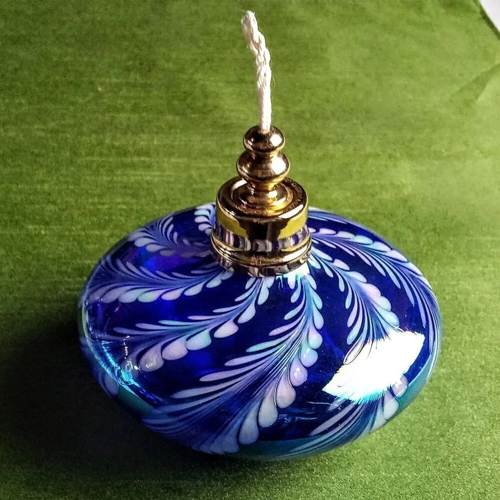 Blue Carnival Art Glass Swirl Fragrance Oil Catalytic Lamp